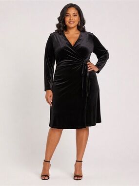 KS Collection Black Velvet Long Sleeve Wrap Dress Size 14